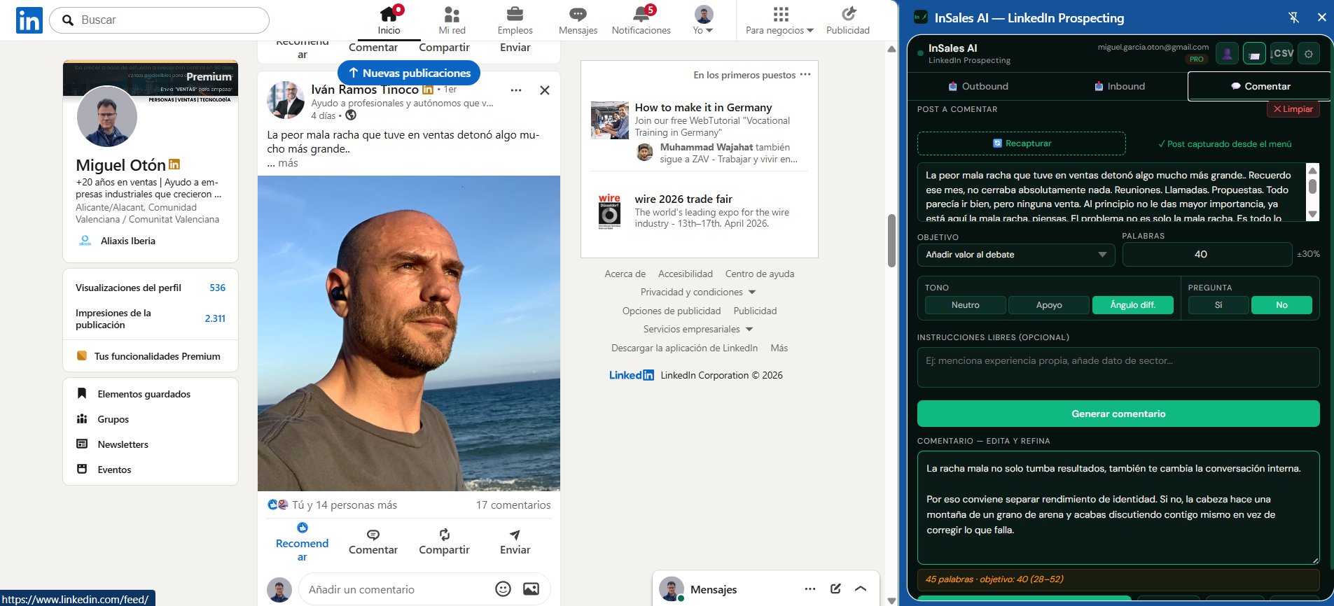 Modo Comentar — post capturado y comentario generado