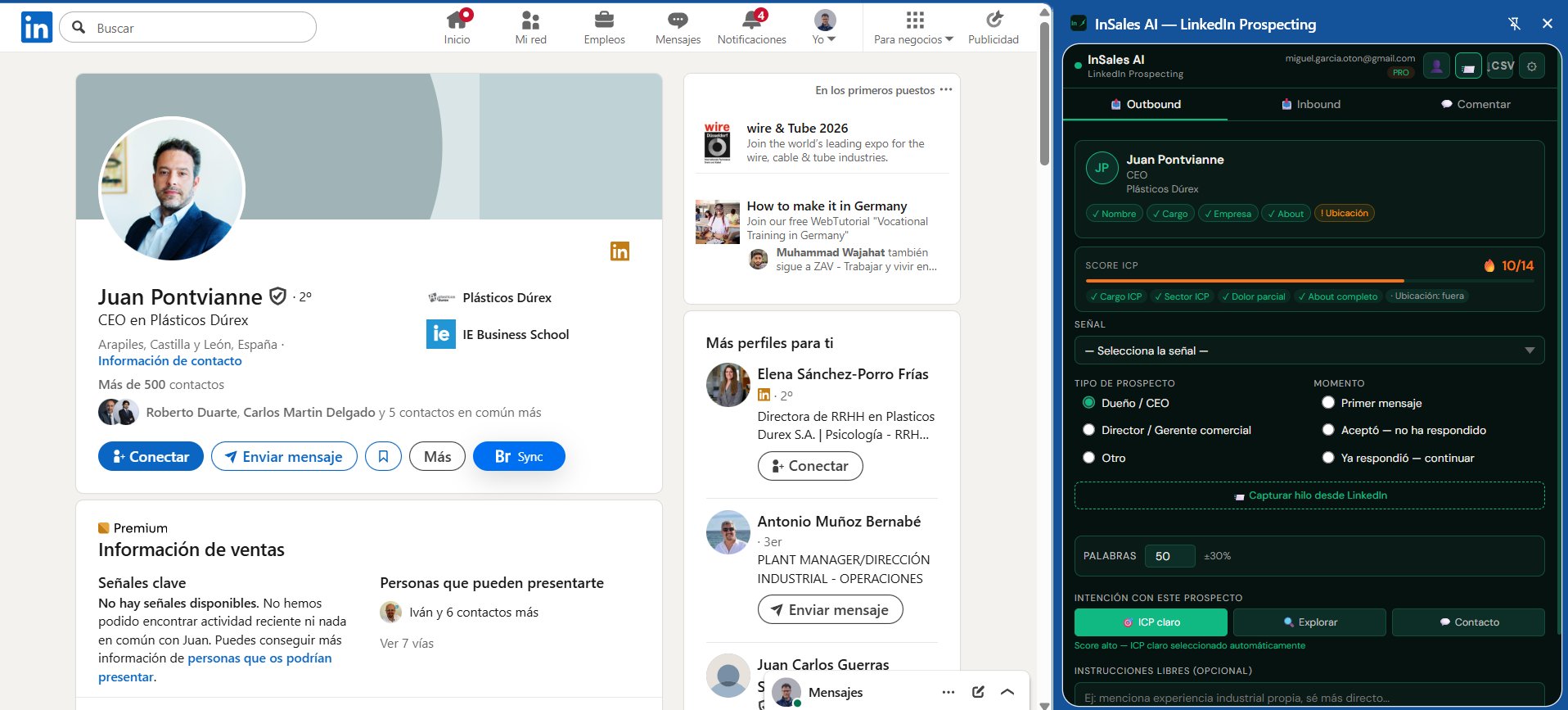 Modo Outbound — perfil capturado con score ICP y mensaje generado